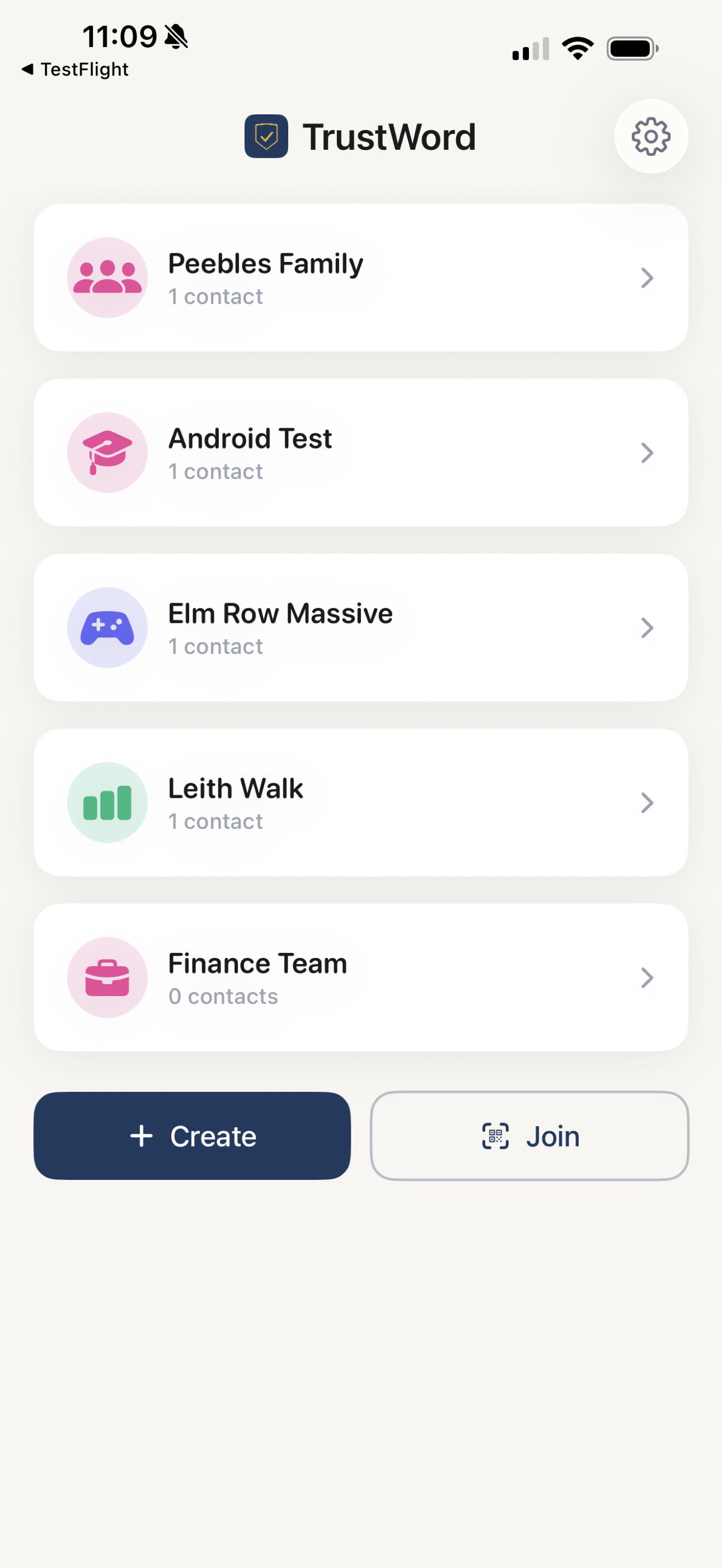 TrustWord app showing circles for Peebles Family, Android Test, Elm Row Massive, Leith Walk, and Finance Team